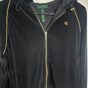 L-RL Velour Hooded Track Jacket Y2K Black Gold Zip Preppy Glam